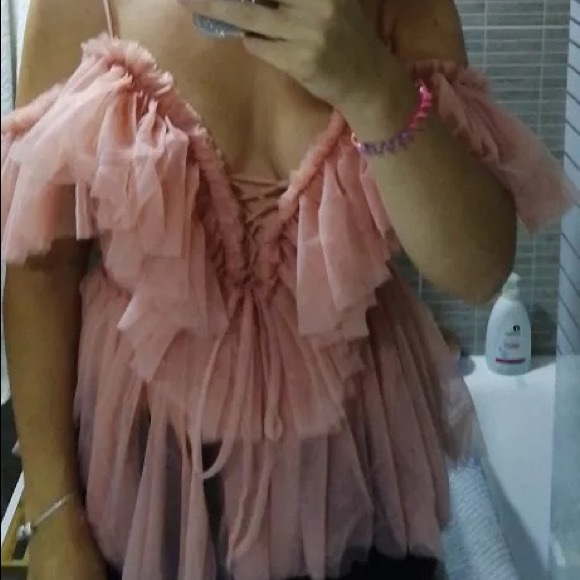 Off shoulder ruffle mesh blouse dusty rose - Picture 5 of 6